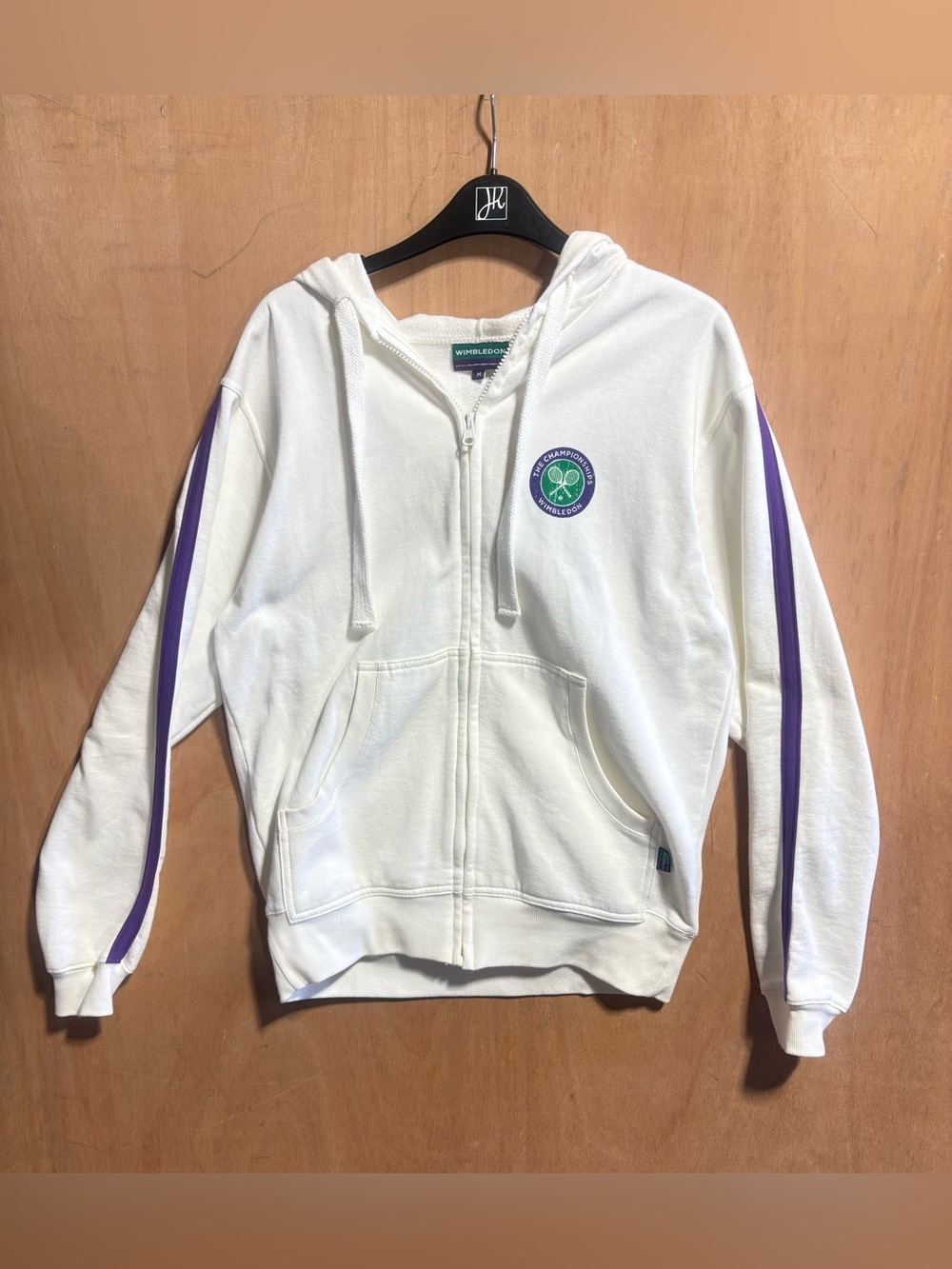Wimbledon White Zip Hoodie with Purple Sleeve Stripes and Green Crest
